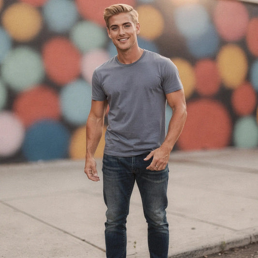 View of mid blue jeans featuring a stretch fabric and athletic fit, ideal for casual everyday wear