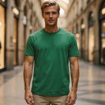 View of a navy blue slim fit crew neck short sleeve performance fitness t shirt, showcasing breathable fabric and stitching