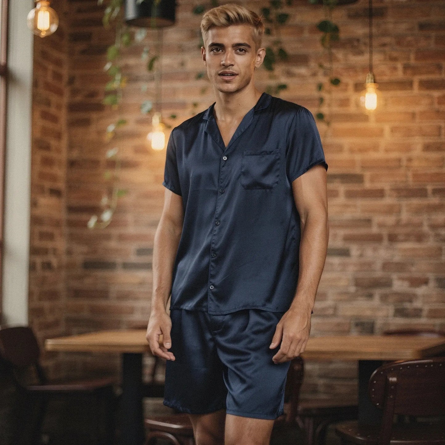 View of a relaxed fit short sleeve round neck pajama set in soft cotton, featuring a light gray color and comfortable shorts