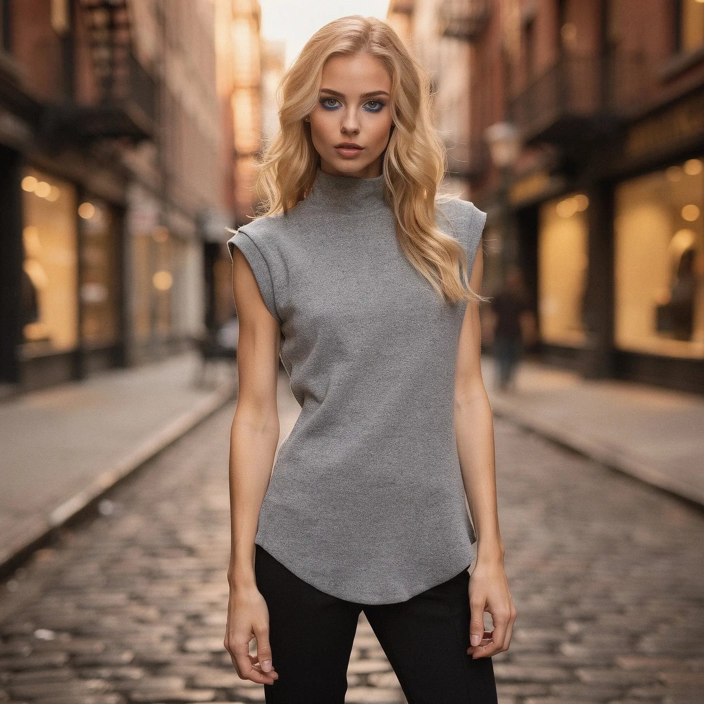 View of a fitted sleeveless turtleneck top in soft beige fabric, showcasing a sleek silhouette and casual style