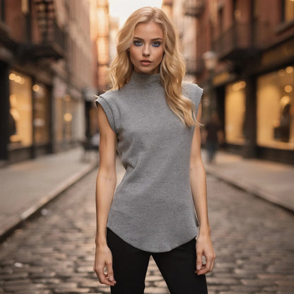 View of a fitted sleeveless turtleneck top in soft beige fabric, showcasing a sleek silhouette and casual style