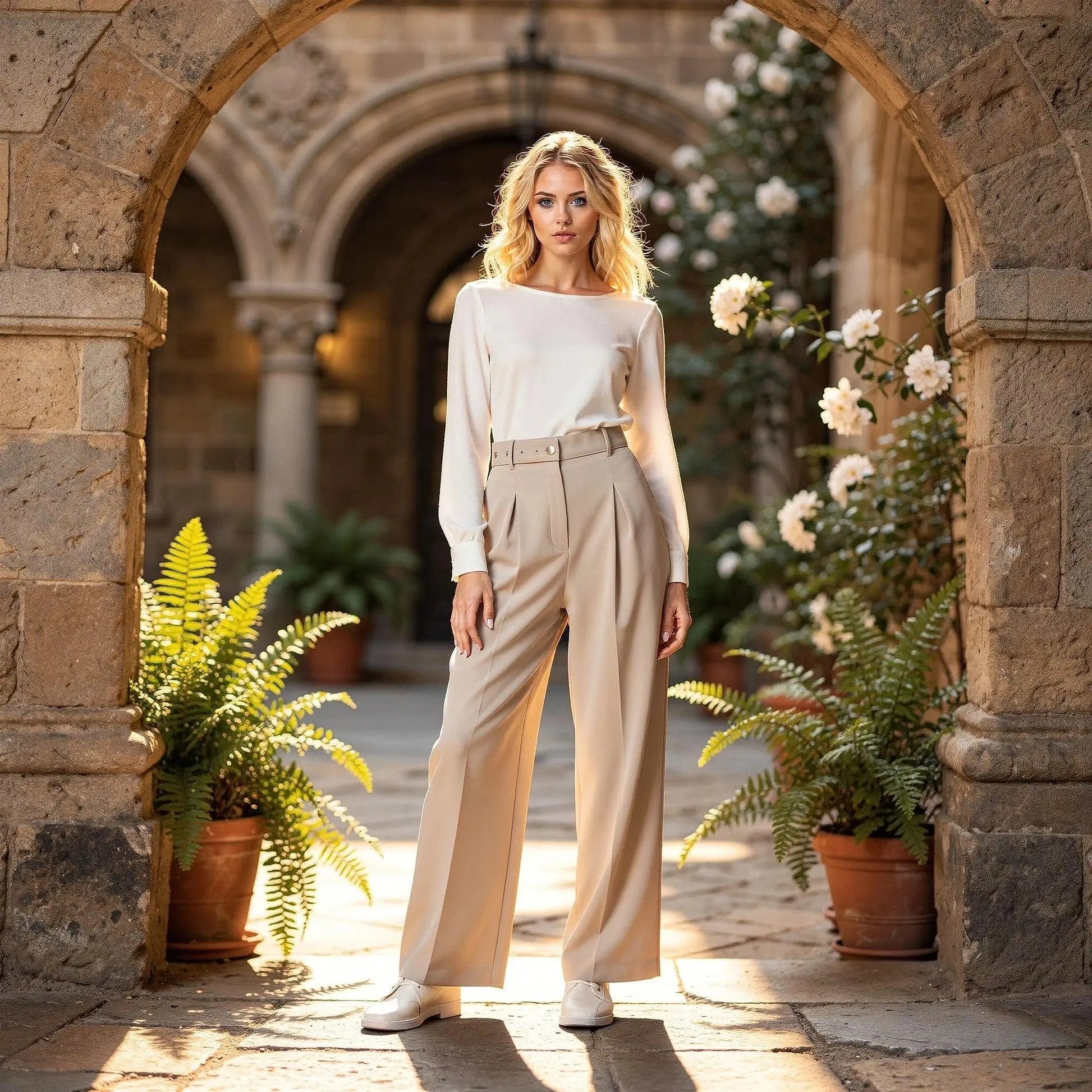 View of relaxed fit high waist wide leg casual pants in light beige, featuring soft fabric and pockets