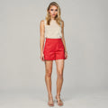Light gray high waist mini length casual shorts with a relaxed fit, featuring pockets, view