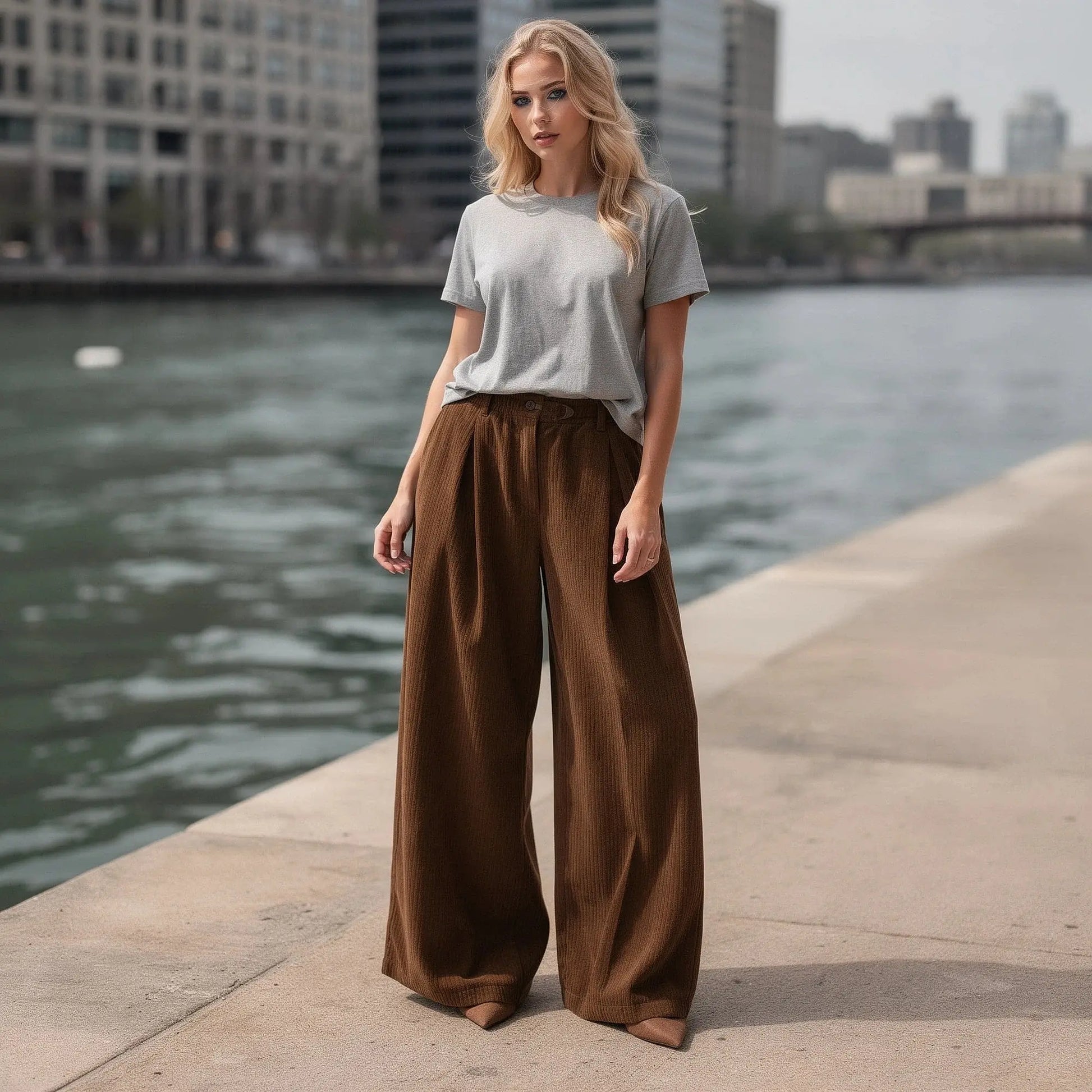 View of relaxed fit high waist wide leg baggy pants in soft beige fabric, showcasing the waistband and pocket design