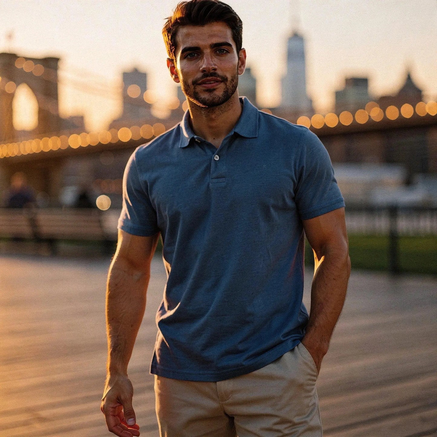 View of a light gray slim fit short sleeve polo shirt featuring a V neck and soft cotton material