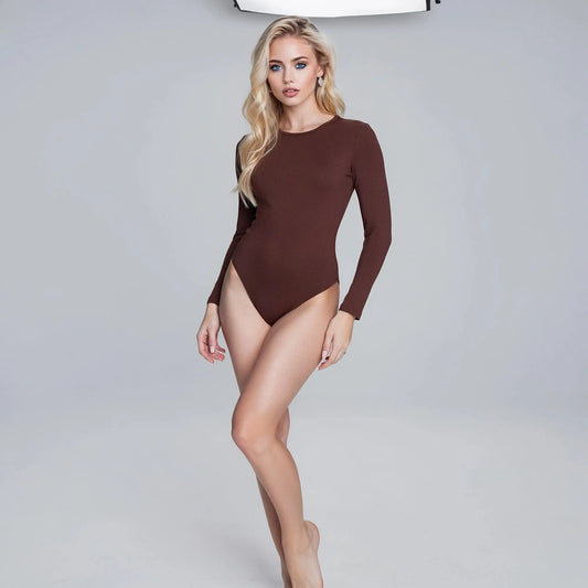 View of a black long sleeve bodysuit made from soft, stretchy fabric with a slim fit silhouette