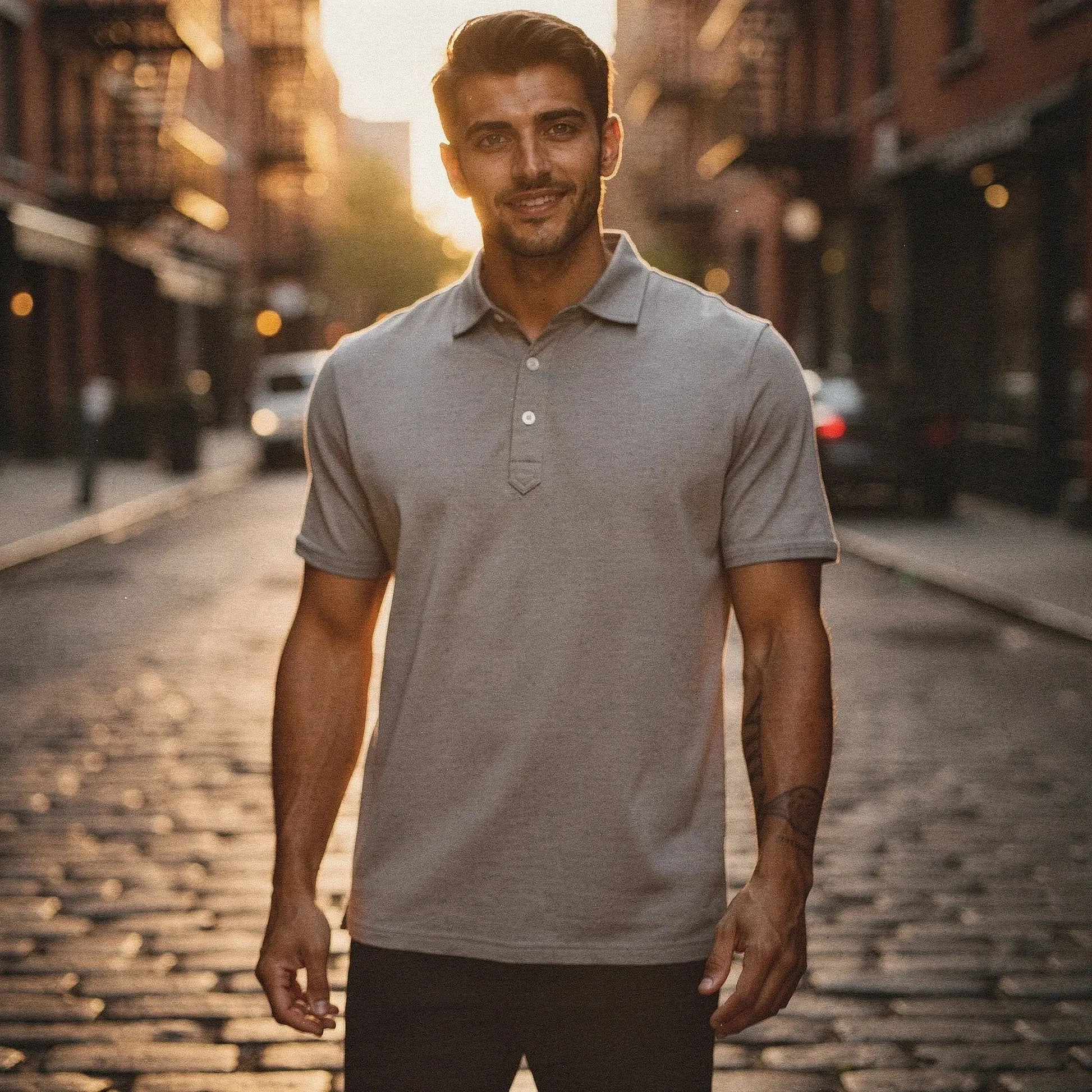 View of a navy blue slim fit short sleeve polo shirt featuring a V neck and soft cotton material