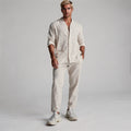 View of a relaxed fit long sleeve lightweight cotton set in light gray, featuring a comfortable crew neck and casual style