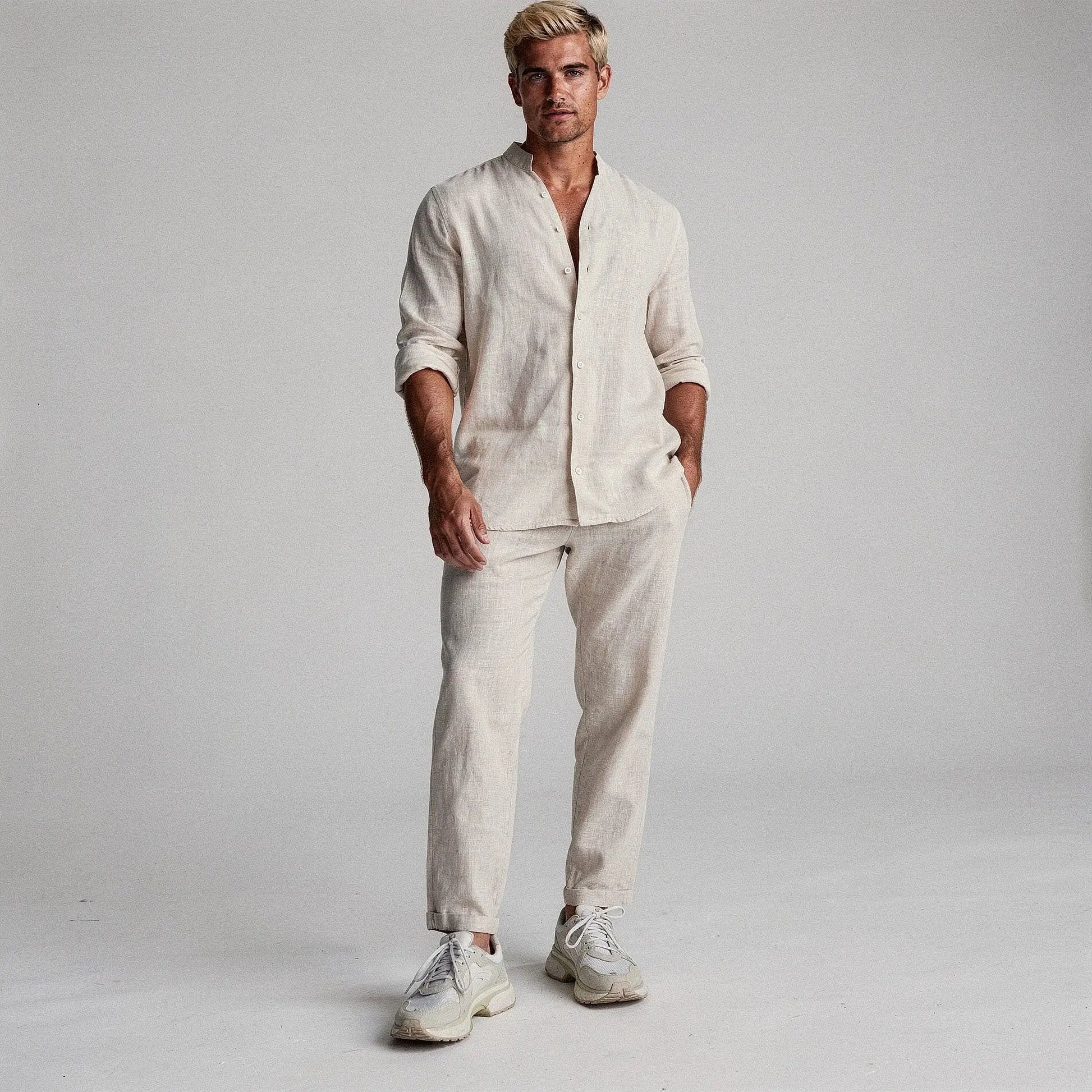 View of a relaxed fit long sleeve lightweight cotton set in light gray, featuring a comfortable crew neck and casual style