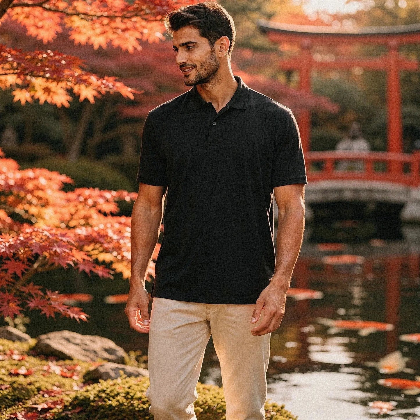 View of a slim fit short sleeve v neck polo in light blue, featuring a soft cotton blend fabric and subtle stitching details