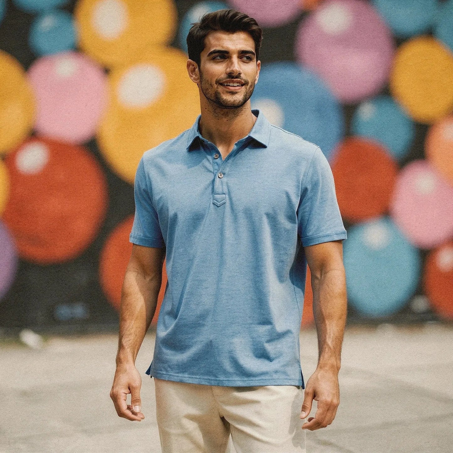 View of a slim fit short sleeve polo shirt in light gray, featuring a V neck and soft cotton fabric
