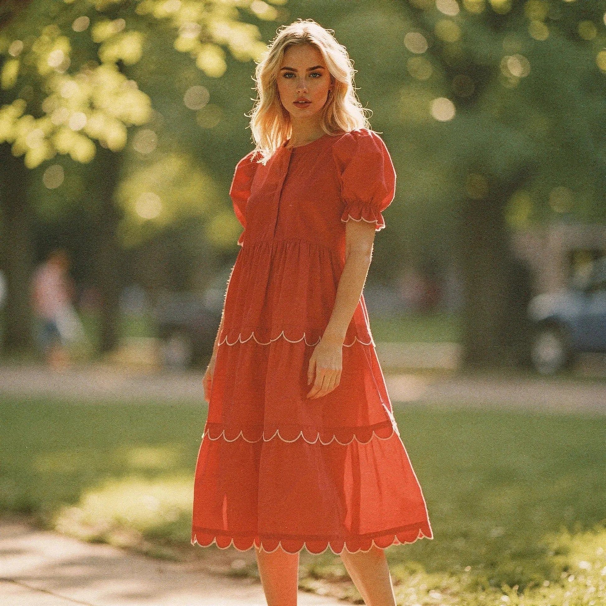 View of a flowy A line midi dress in soft fabric, featuring a round neck and a vibrant floral pattern
