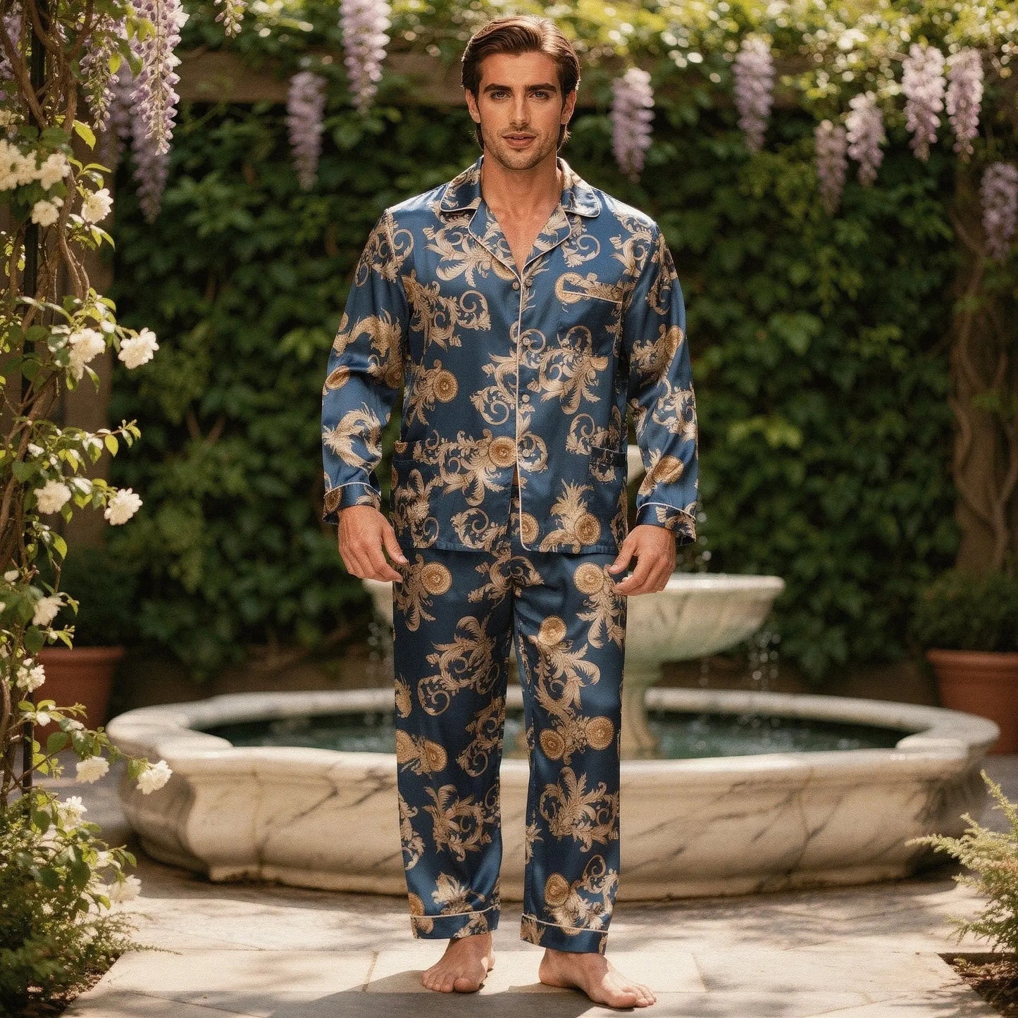 View of relaxed fit long sleeve silk pajamas set in deep navy blue, featuring a notch collar and button closure