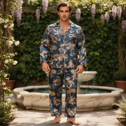 View of relaxed fit long sleeve silk pajamas set in deep navy blue, featuring a notch collar and button closure