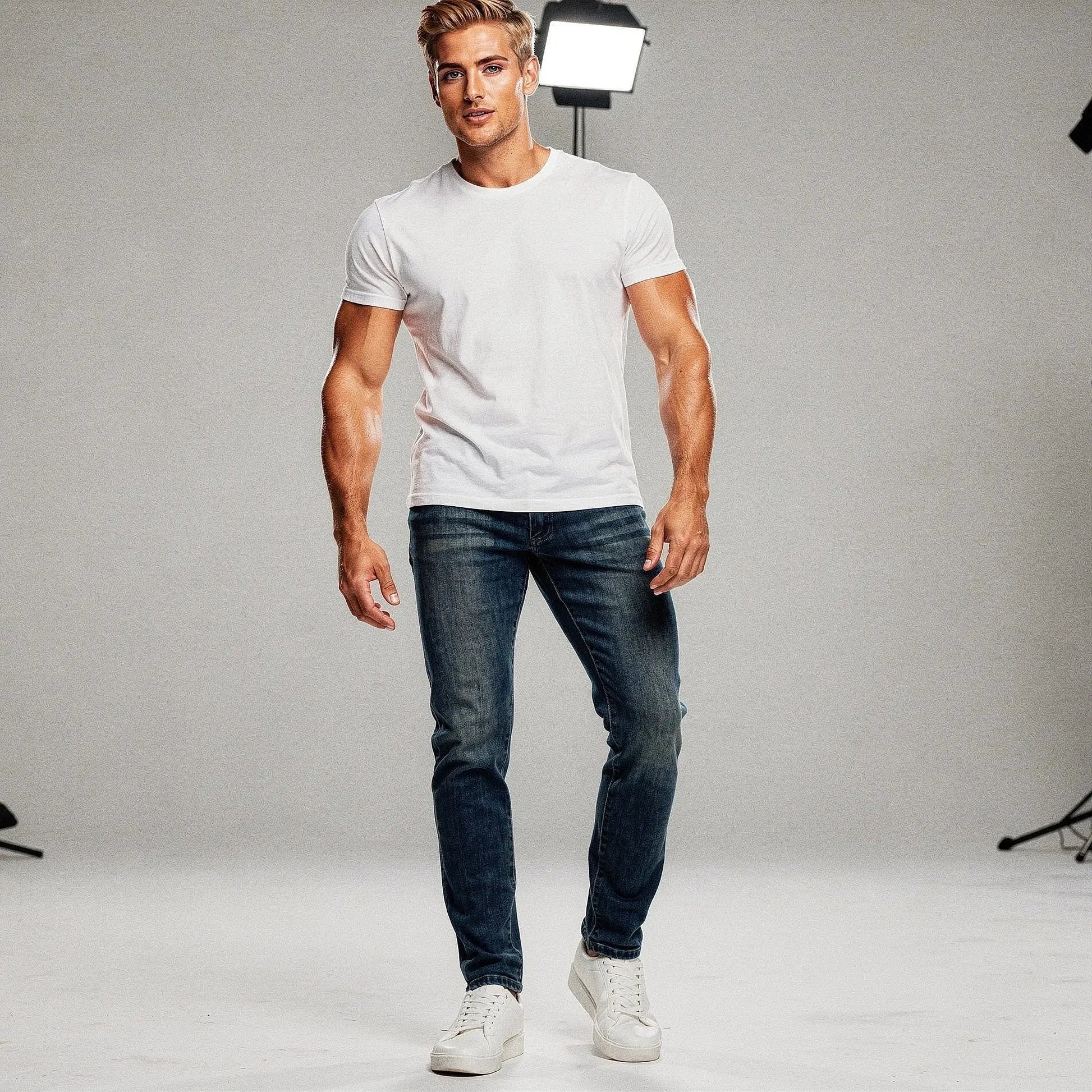 Mid blue jeans in an athletic fit with stretch material, featuring a classic five pocket design, view