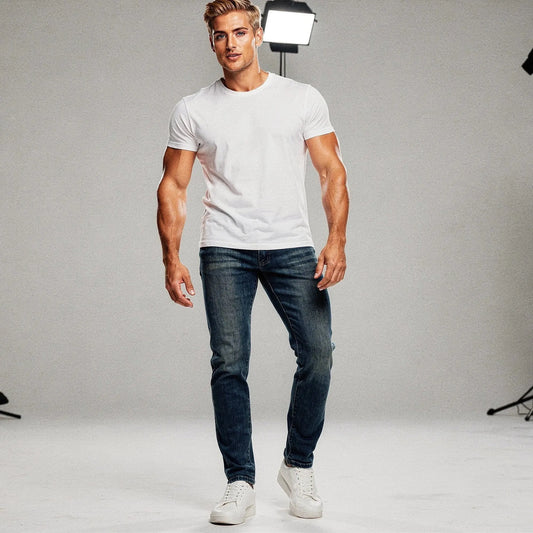 Mid blue jeans in an athletic fit with stretch material, featuring a classic five pocket design, view