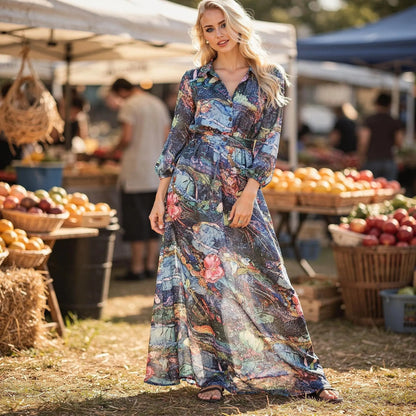 View of a women's flowy wrap midi dress featuring puff sleeves, in a light pastel color with a soft fabric texture