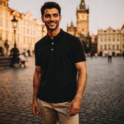 View of a light blue slim fit short sleeve polo shirt featuring a V neck and soft cotton material