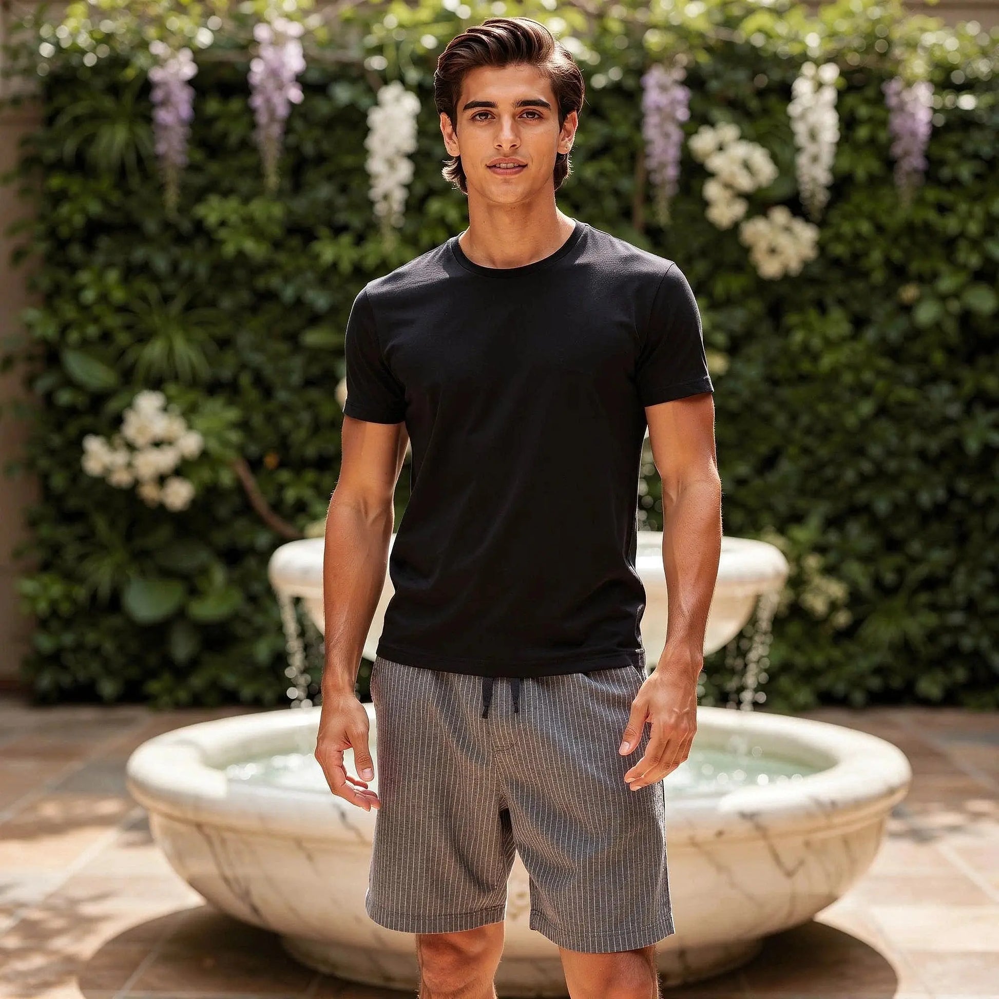 View of relaxed fit summer shorts featuring blue and white stripes, drawstring waist, and lightweight fabric