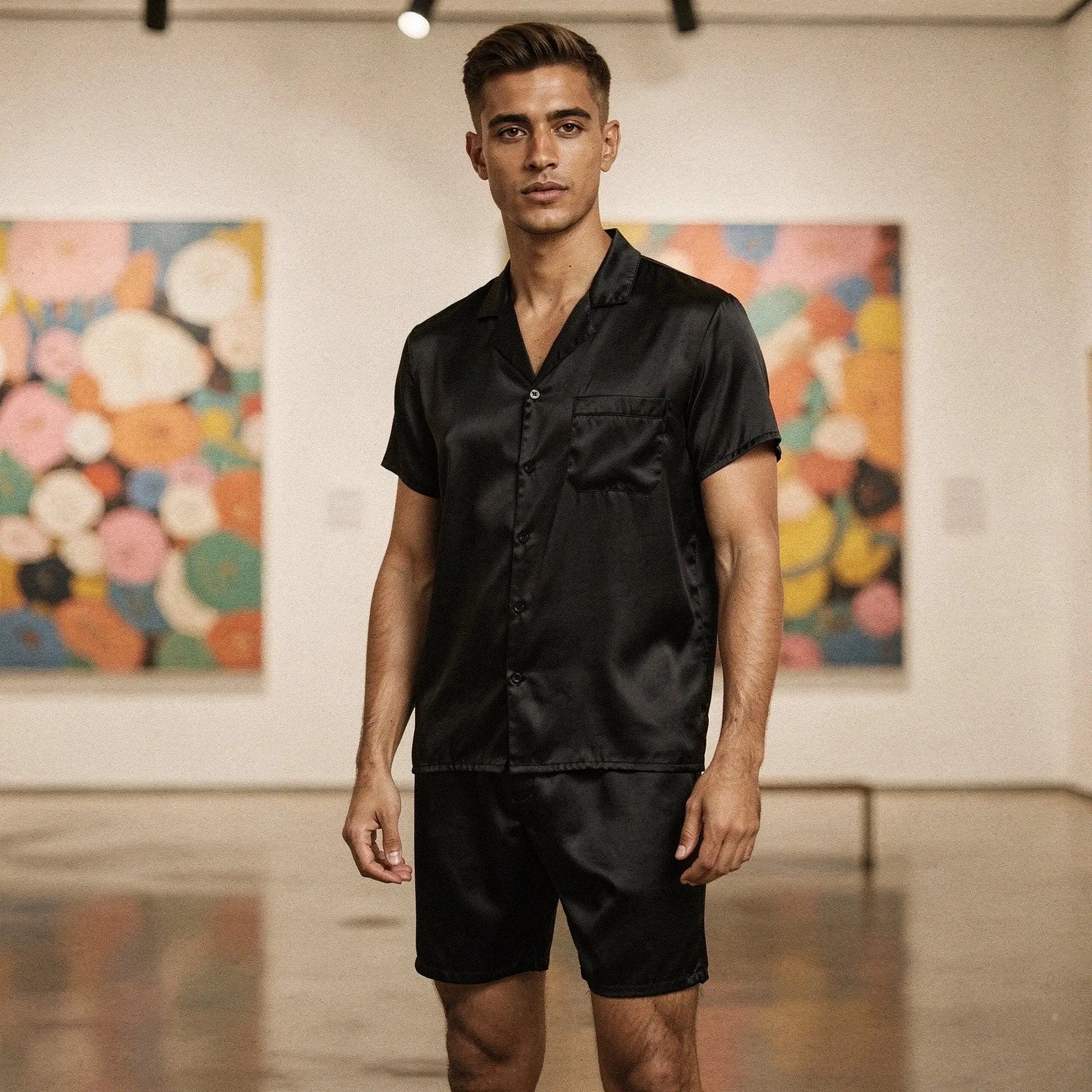 View of relaxed fit short sleeve round neck pajamas set in light gray, featuring comfortable shorts and soft fabric