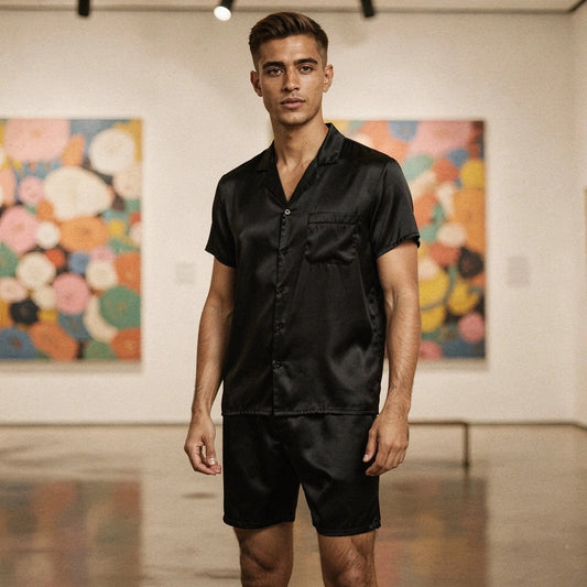 View of relaxed fit short sleeve round neck pajamas set in light gray, featuring comfortable shorts and soft fabric