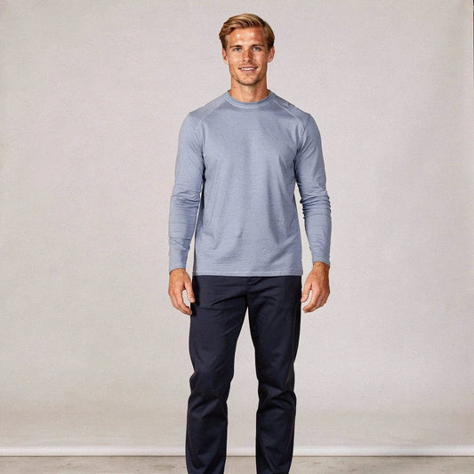View of a slim fit long sleeve crew neck casual fitness t shirt in dark gray, made