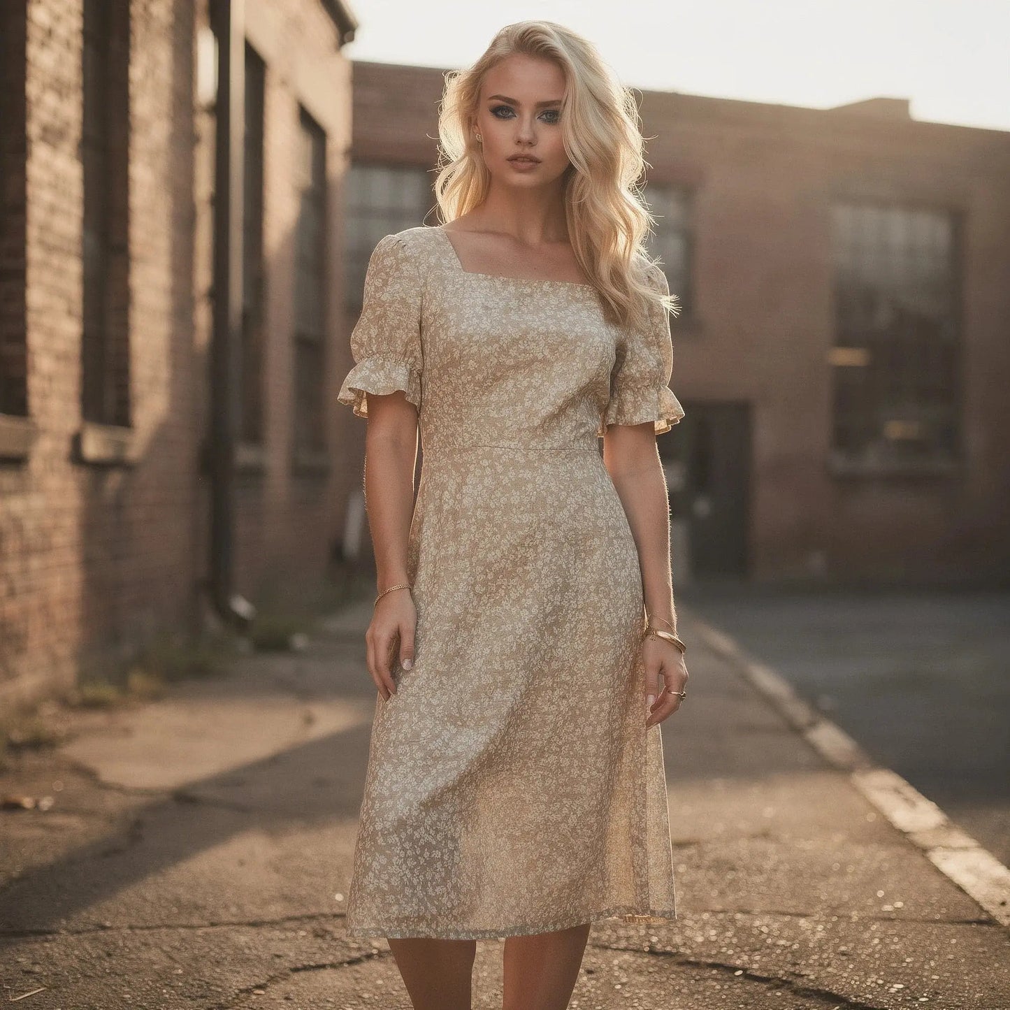 Light green flowy wrap midi dress with puff sleeves, featuring a deep V neckline and a cinched waist, view