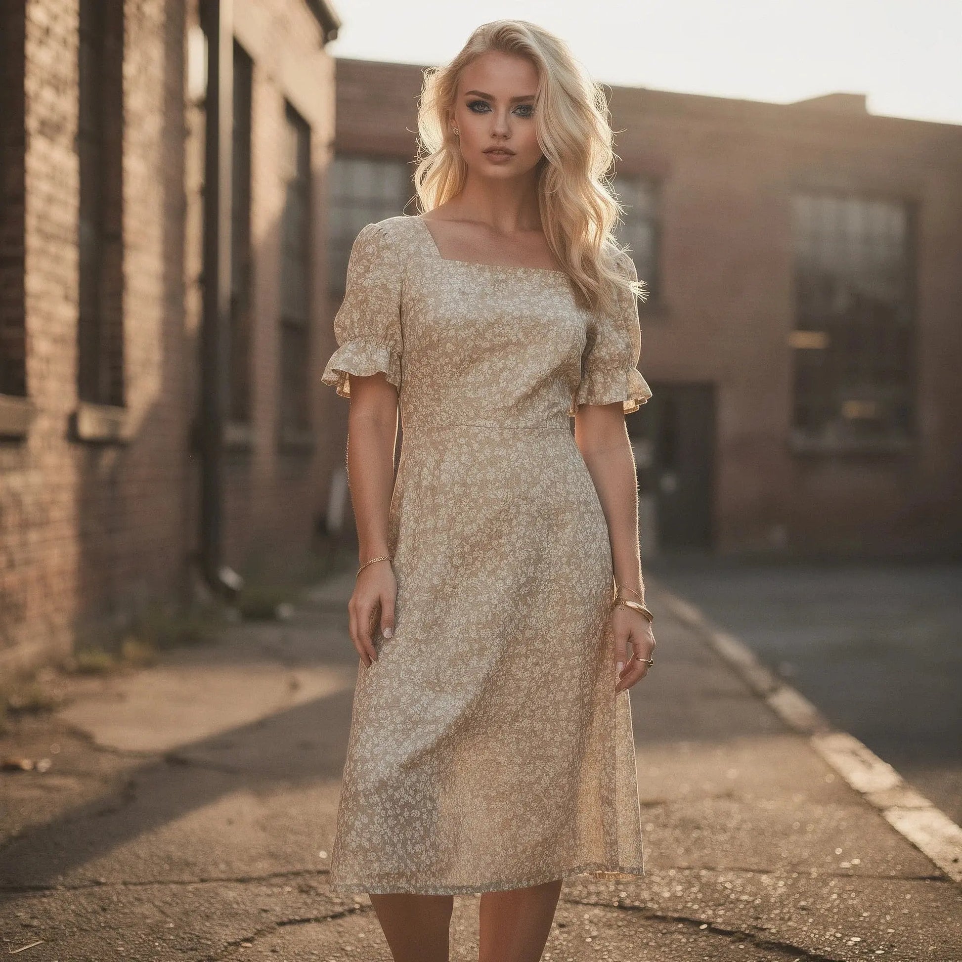Light green flowy wrap midi dress with puff sleeves, featuring a deep V neckline and a cinched waist, view
