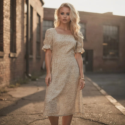 Light green flowy wrap midi dress with puff sleeves, featuring a deep V neckline and a cinched waist, view
