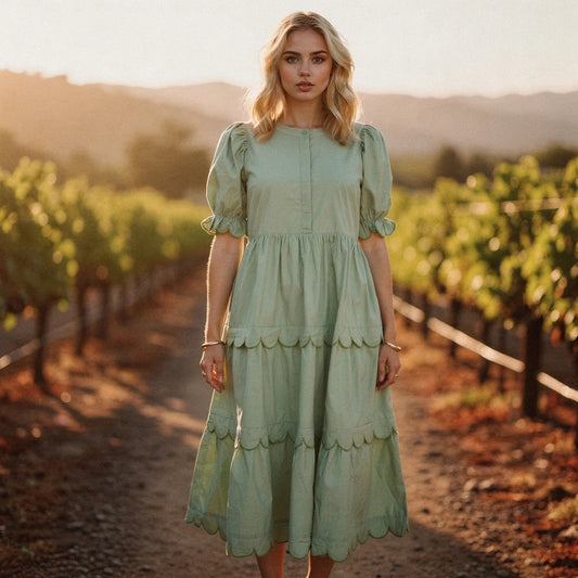 View of a flowy A line midi dress in soft fabric, featuring a round neck and a relaxed fit, perfect for summer