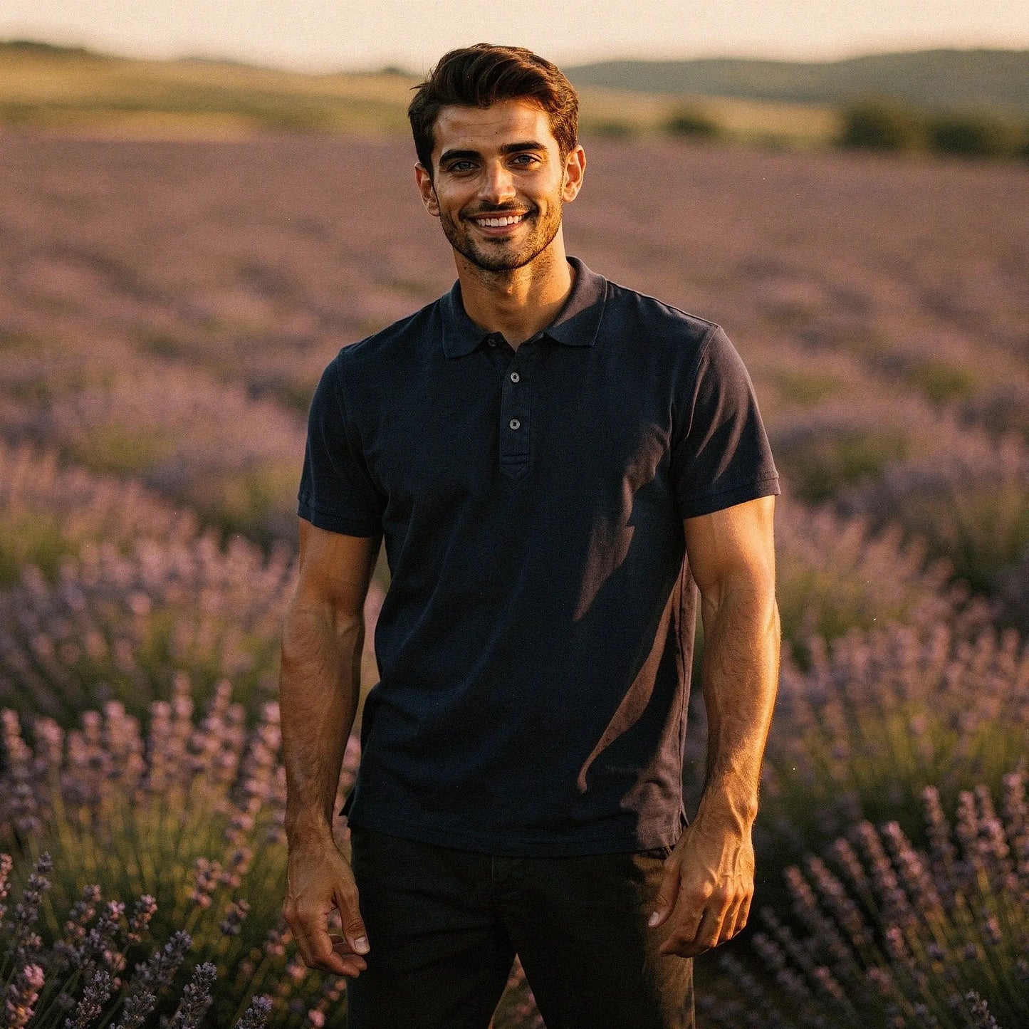 View of a slim fit short sleeve polo shirt in light gray, featuring a V neck and soft cotton material