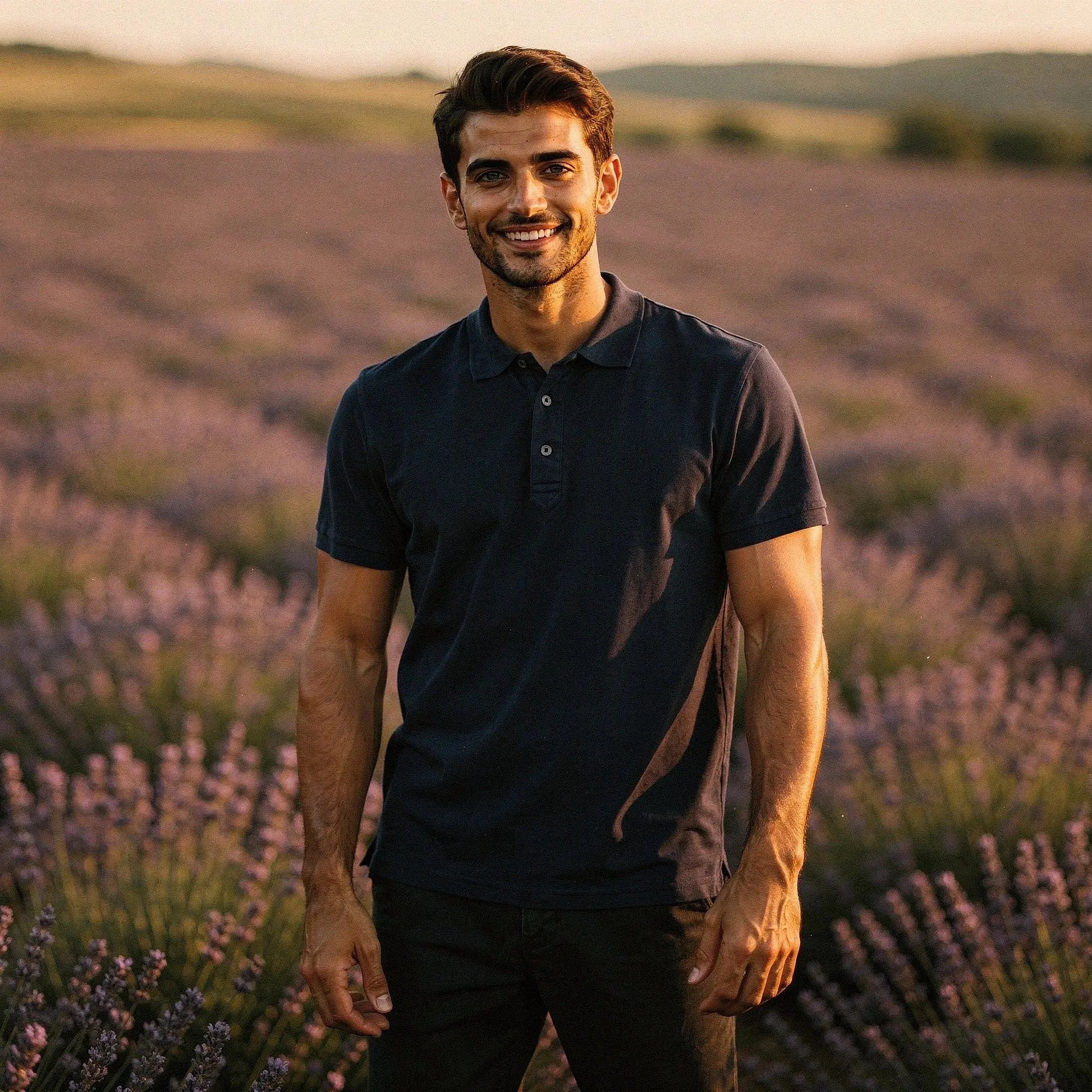 View of a slim fit short sleeve polo shirt in light gray, featuring a V neck and soft cotton material