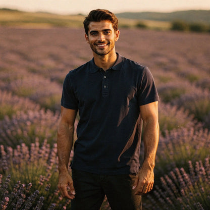 View of a slim fit short sleeve polo shirt in light gray, featuring a V neck and soft cotton material