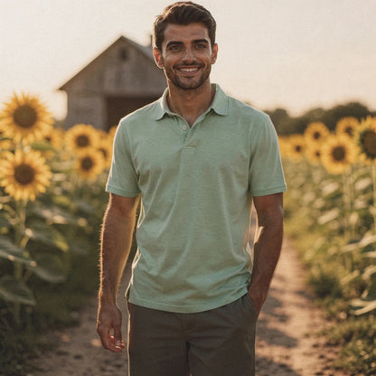 View of a navy blue men's slim fit short sleeve polo shirt featuring a V neck and soft cotton material