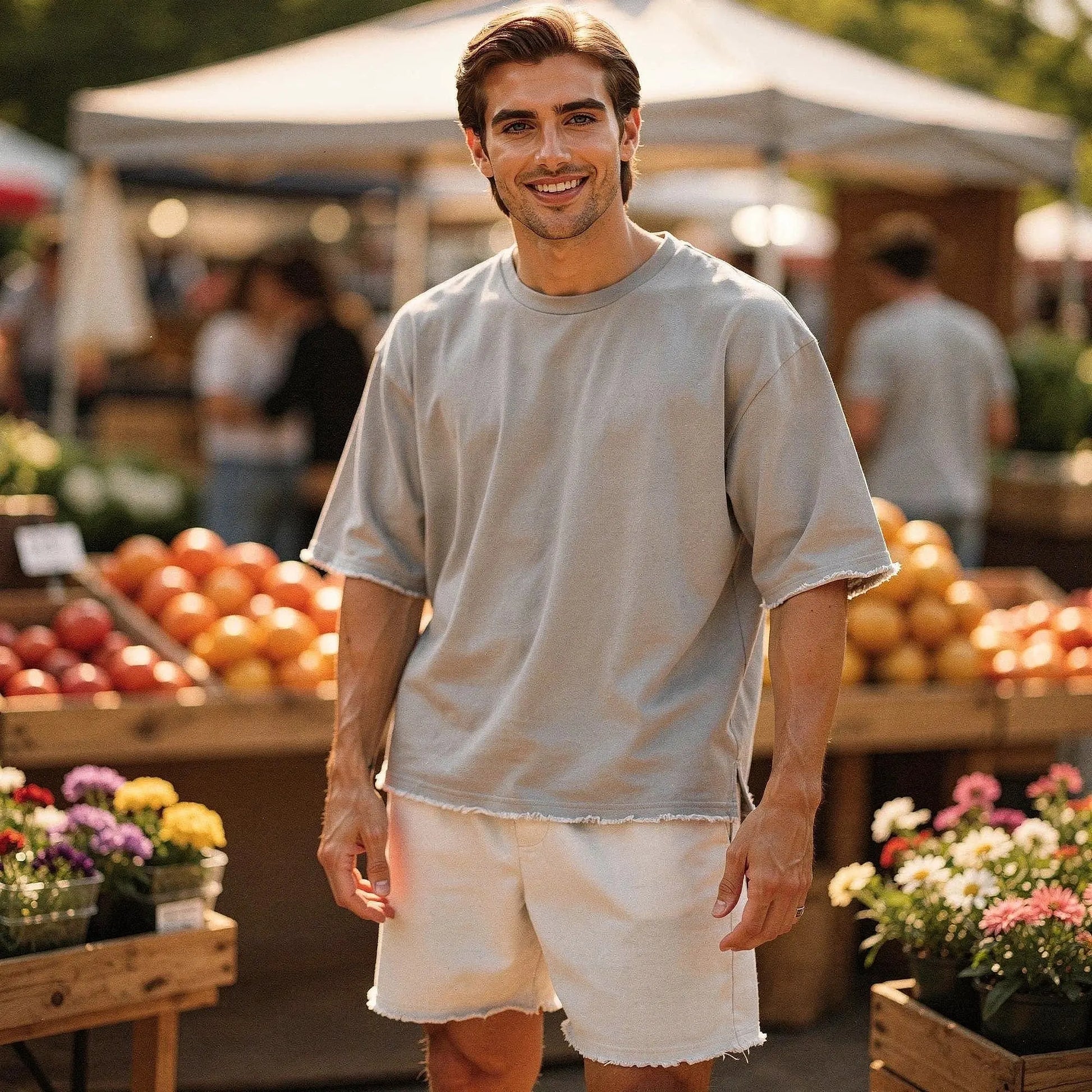 View of a relaxed fit crew neck short sleeve sports set in light gray, showcasing soft cotton material and comfortable stitching