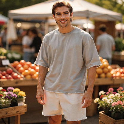 View of a relaxed fit crew neck short sleeve sports set in light gray, showcasing soft cotton material and comfortable stitching