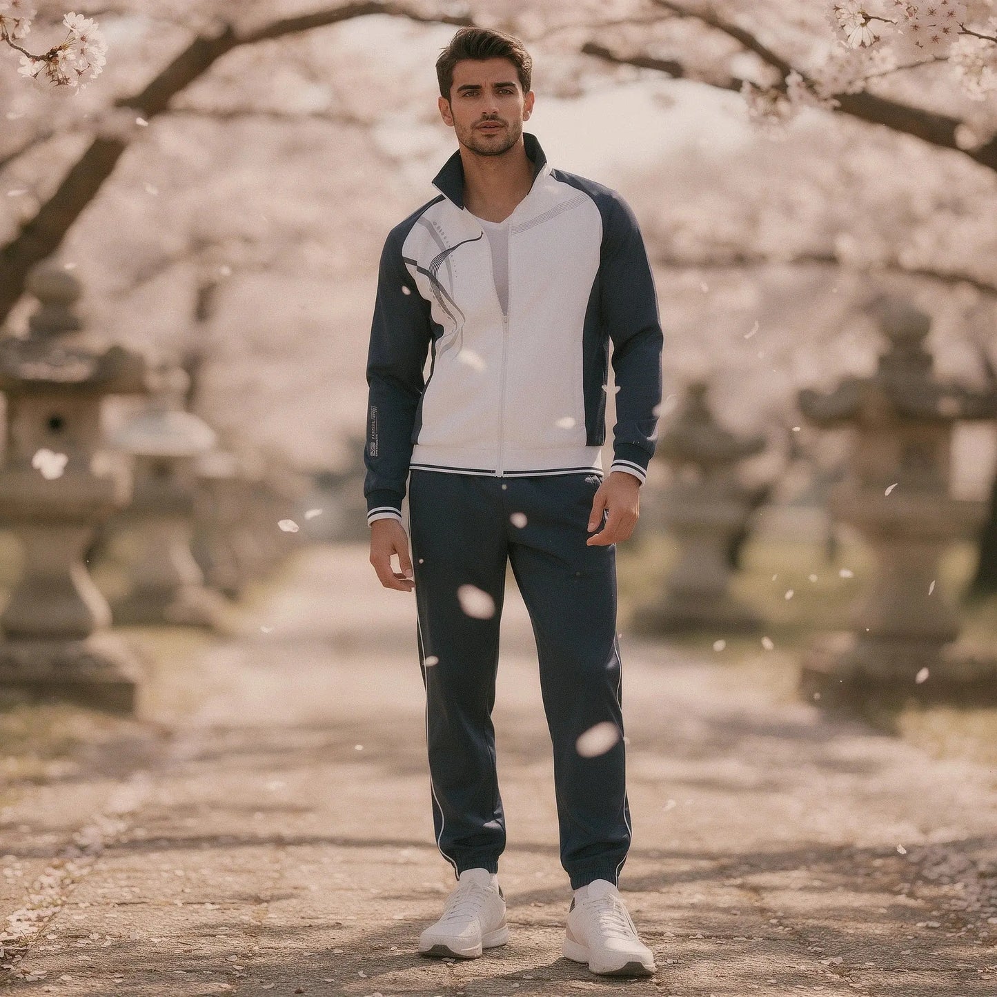 View of a relaxed fit crew neck short sleeve sportswear set in dark gray, featuring a comfortable fabric and casual style