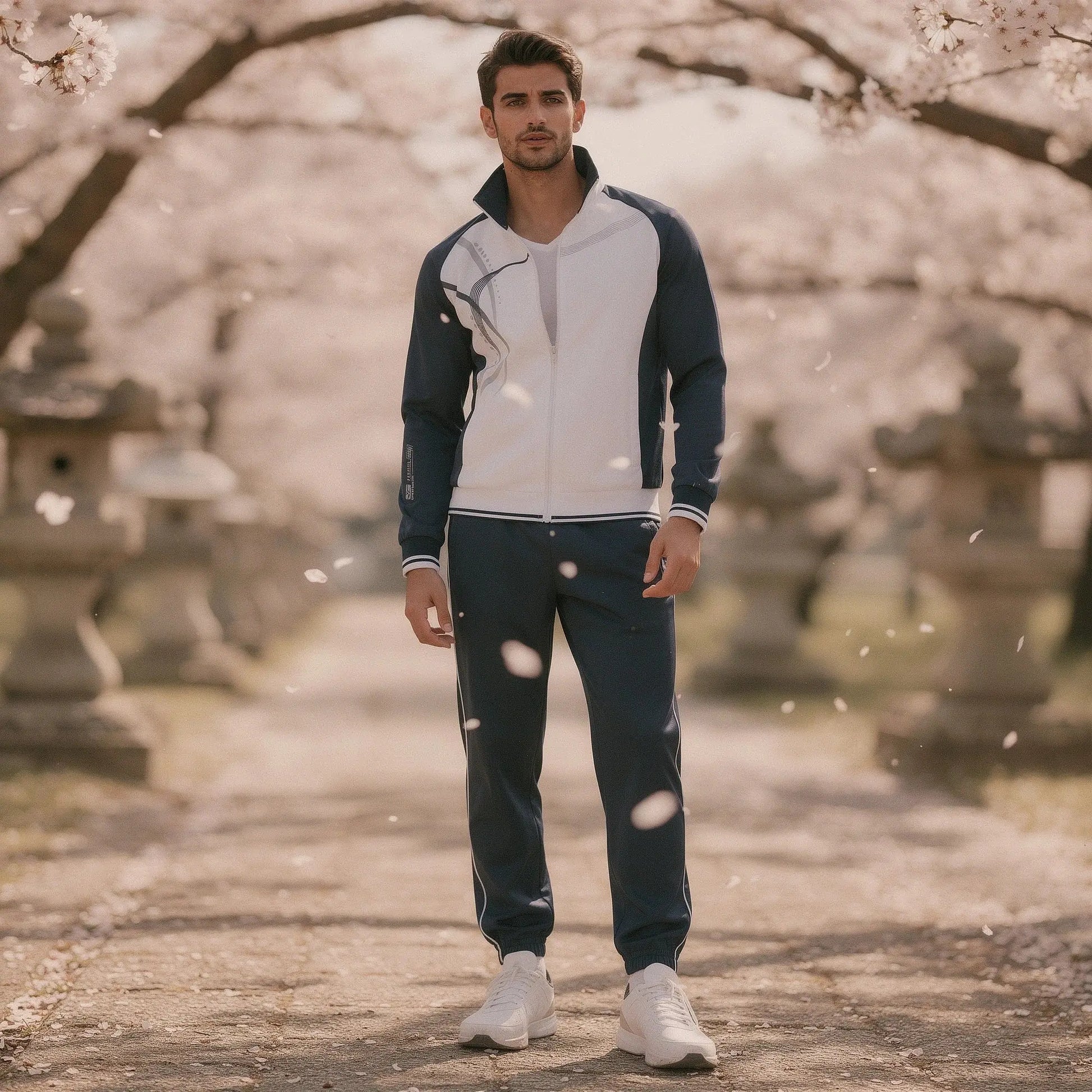 View of a relaxed fit crew neck short sleeve sportswear set in dark gray, featuring a comfortable fabric and casual style