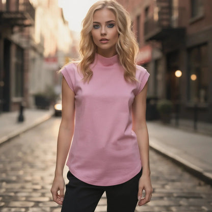 Light gray sleeveless turtleneck top in a slim fit, showcasing a soft knit material and a detailed view