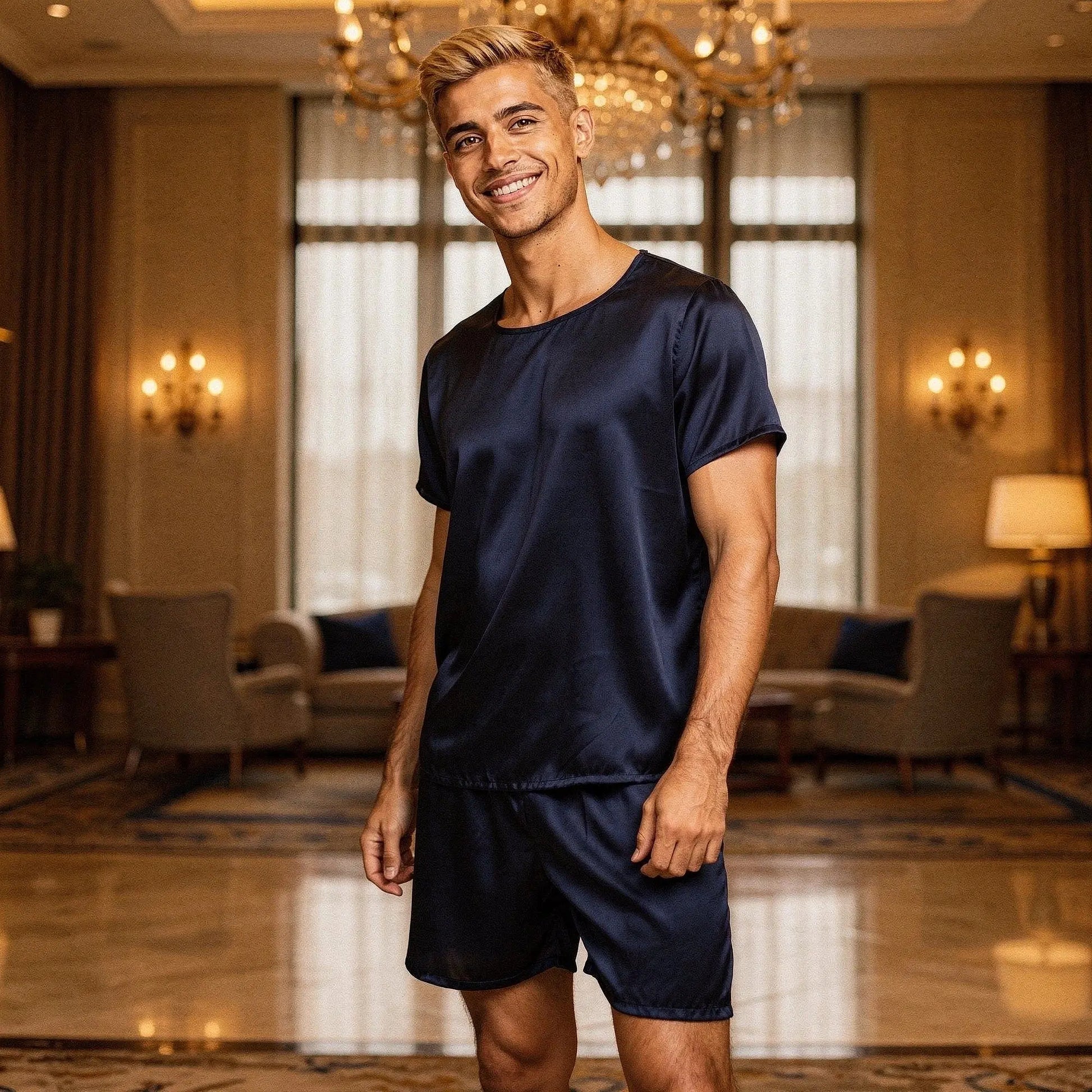 Light gray short sleeve pajama set featuring a round neck and comfortable shorts, displayed
