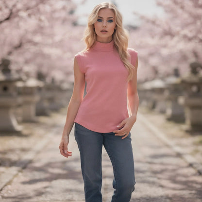 Light gray sleeveless turtleneck top in a slim fit, featuring a soft ribbed texture and a casual design, view