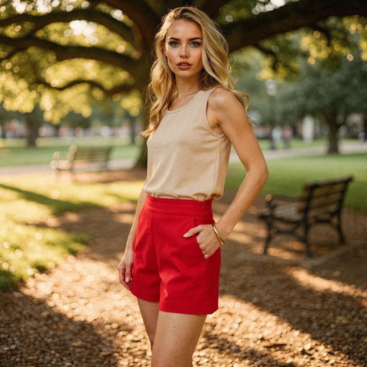 View of high waist mini length casual shorts in light denim, featuring a relaxed fit and subtle frayed hem