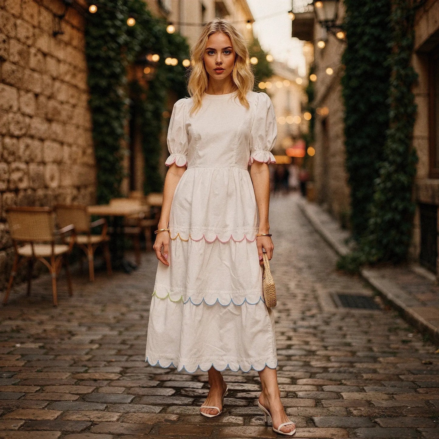 View of a light blue flowy A line midi dress with a round neck, featuring delicate fabric and a relaxed fit