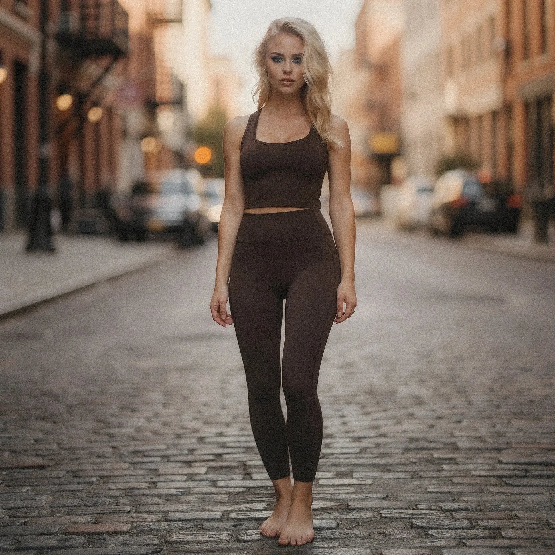 High waisted fitted 78 leggings in black with pockets, showcasing a view of the stretchy fabric