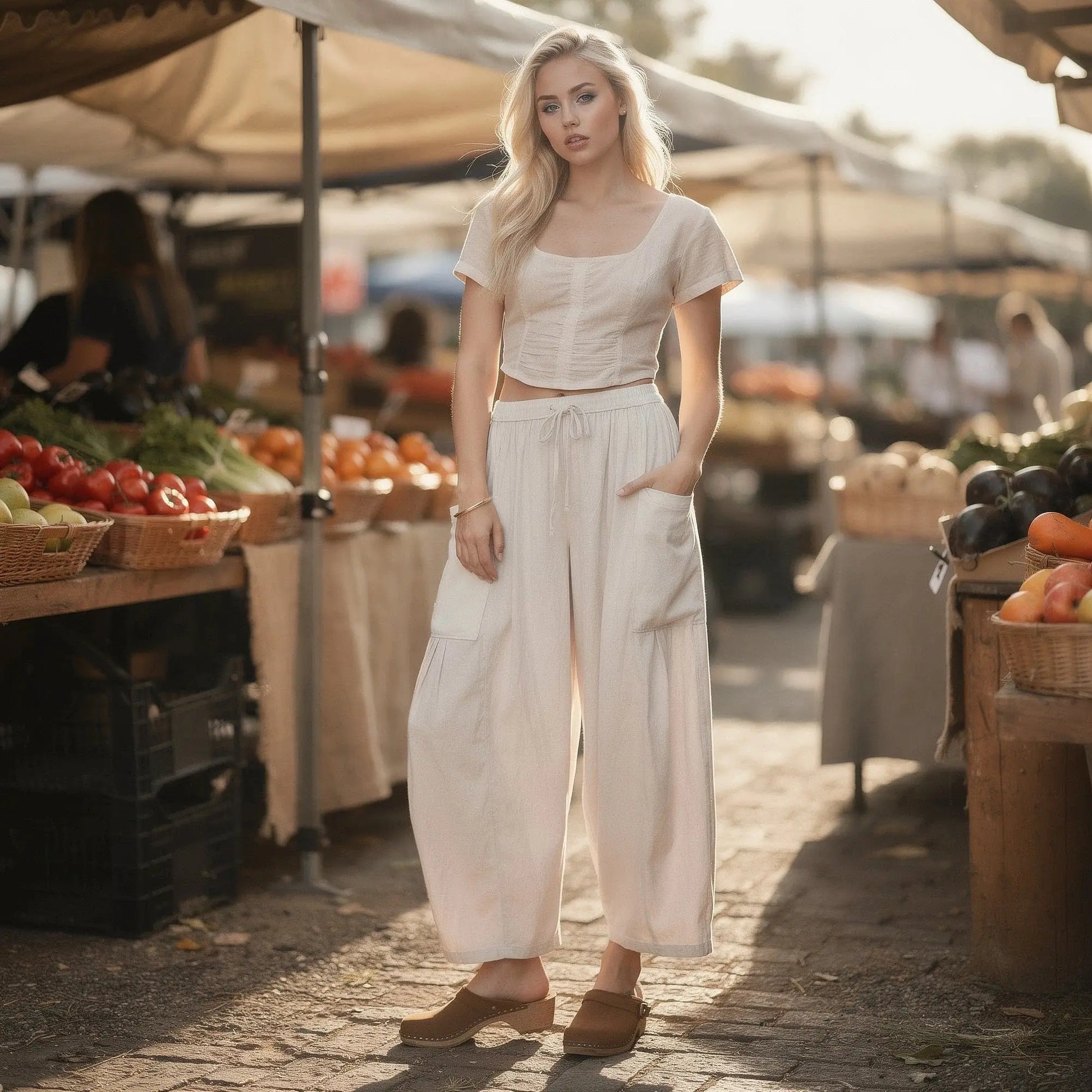 View of relaxed fit high rise wide leg comfort pants in soft fabric, featuring a neutral beige color and a smooth waistband