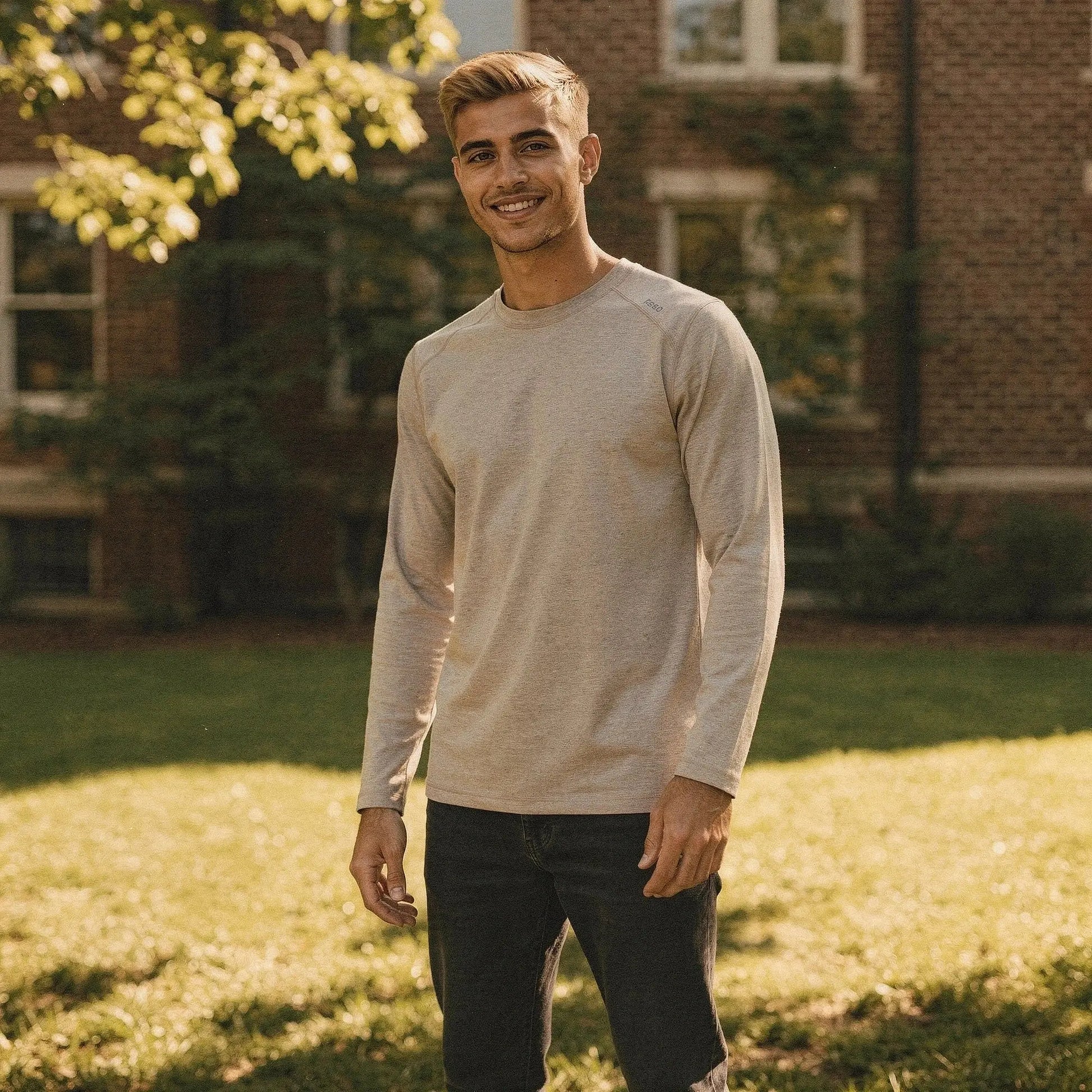 View of a relaxed fit crew neck long sleeve t shirt in dark gray, made of soft cotton fabric, showcasing the stitching and sleeve design