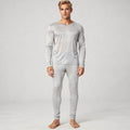 View of navy blue slim fit long sleeve crew neck long johns made from soft, breathable fabric