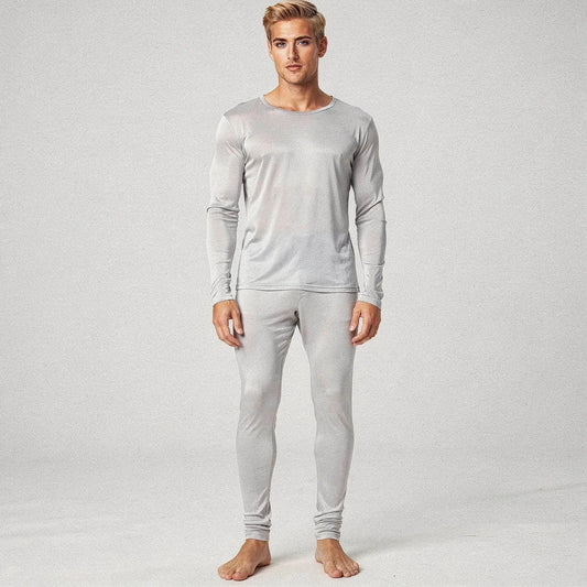 View of navy blue slim fit long sleeve crew neck long johns made from soft, breathable fabric