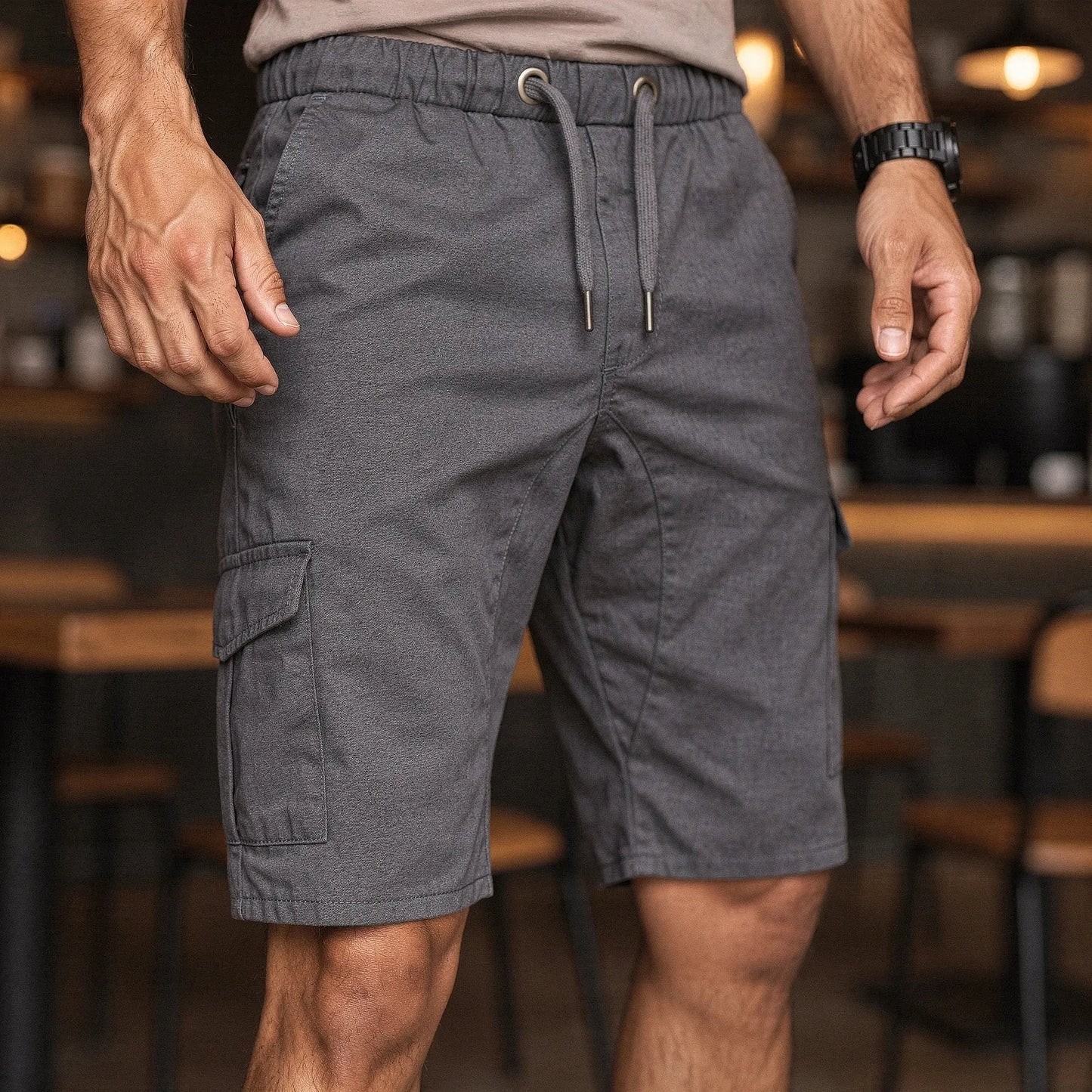 View of relaxed fit baggy cargo shorts in khaki, featuring drawstring waist and multiple pockets