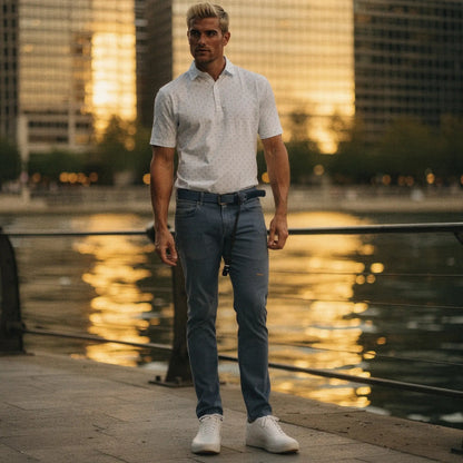 View of a light blue relaxed fit crew neck short sleeve polo shirt, showcasing soft fabric and subtle stitching